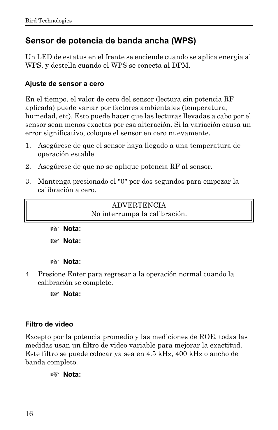 Sensor de potencia de banda ancha (wps), Ajuste de sensor a cero, Filtro de video | Bird Technologies 5000-XT-Manual User Manual | Page 186 / 239