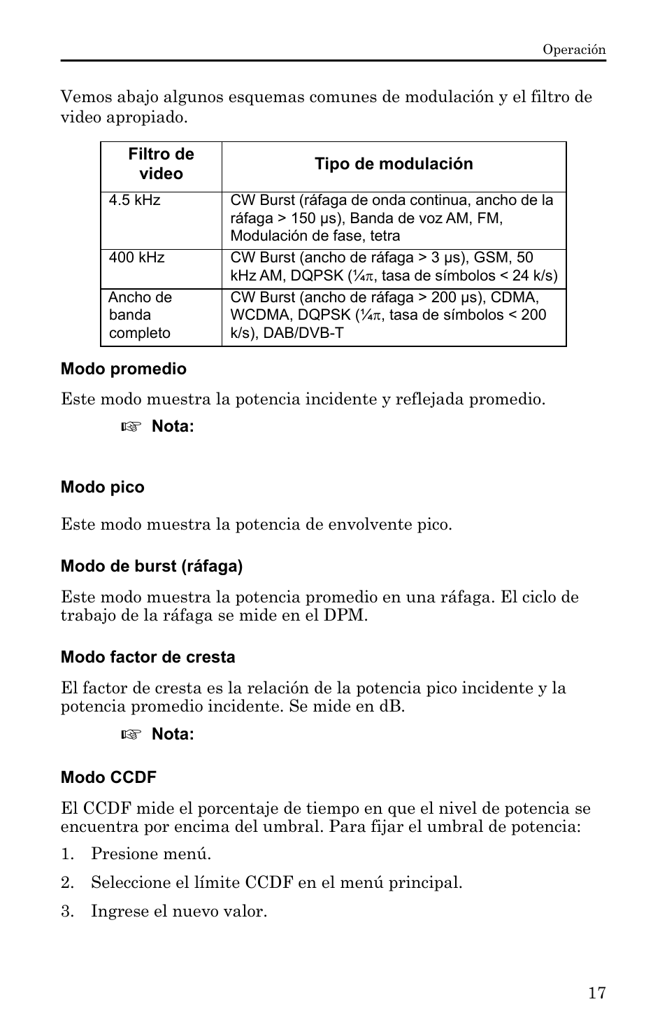 Modo promedio, Modo pico, Modo de burst (ráfaga) | Modo factor de cresta, Modo ccdf | Bird Technologies 5000-XT-Manual User Manual | Page 187 / 239