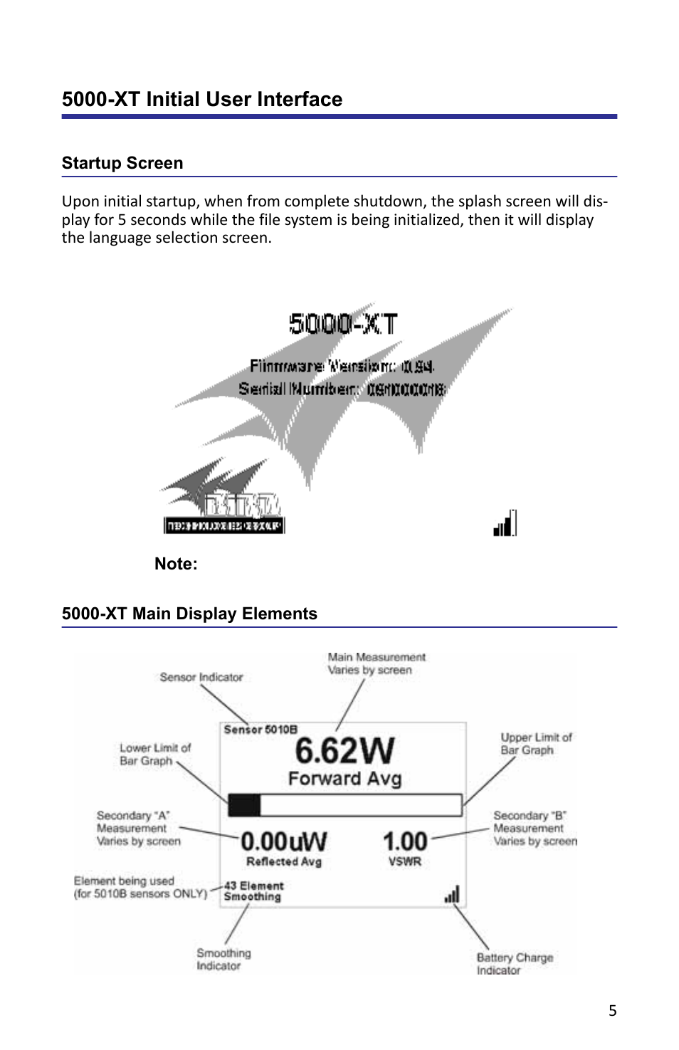 5000-xt initial user interface, Startup screen, 5000-xt main display elements | Startup screen 5000-xt main display elements | Bird Technologies 5000-XT-Manual User Manual | Page 19 / 239