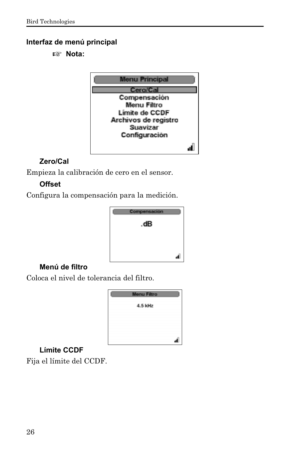 Interfaz de menú principal, Zero/cal, Offset | Menú de filtro, Límite ccdf | Bird Technologies 5000-XT-Manual User Manual | Page 196 / 239