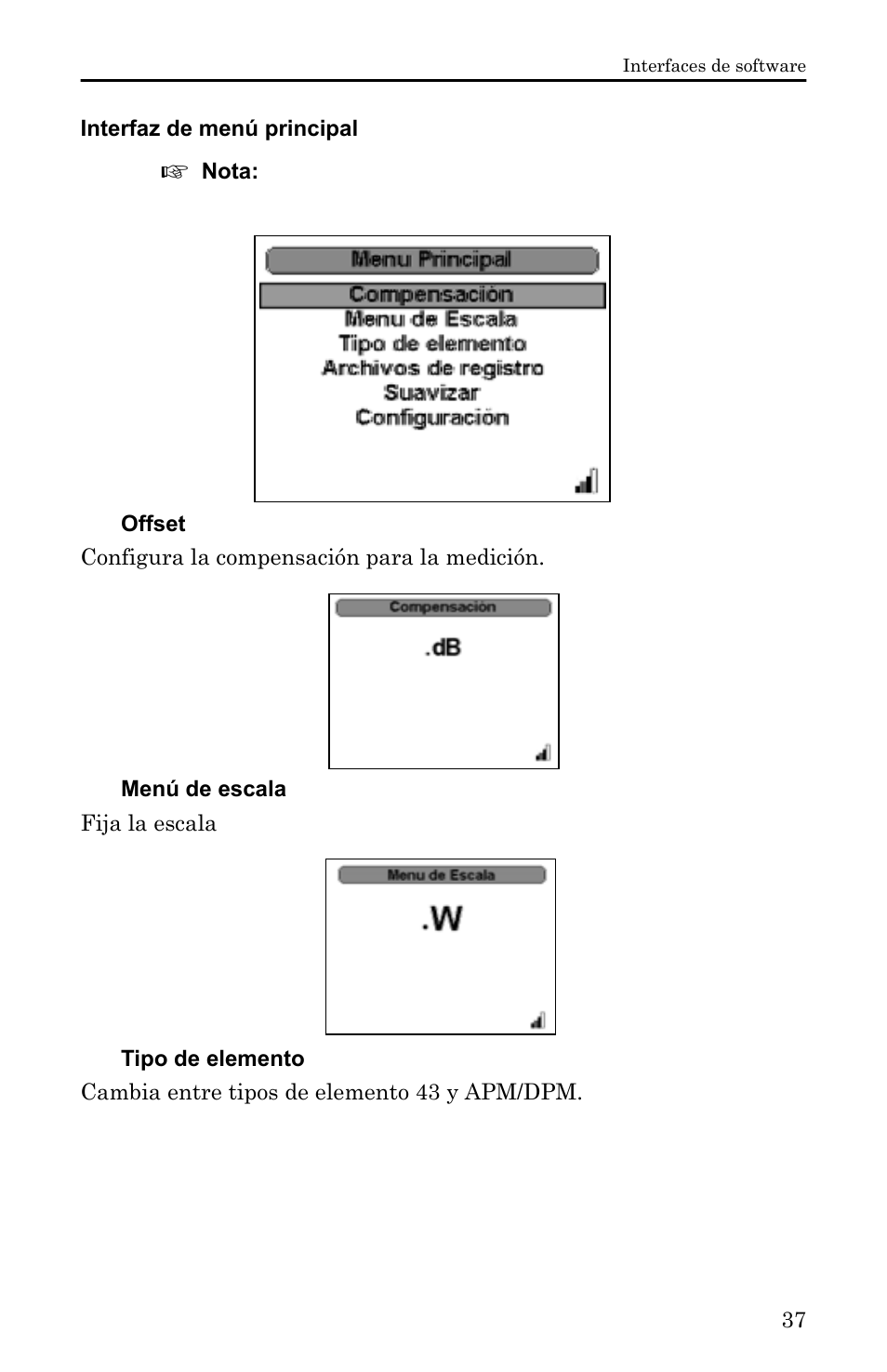 Interfaz de menú principal, Offset, Menú de escala | Tipo de elemento | Bird Technologies 5000-XT-Manual User Manual | Page 207 / 239