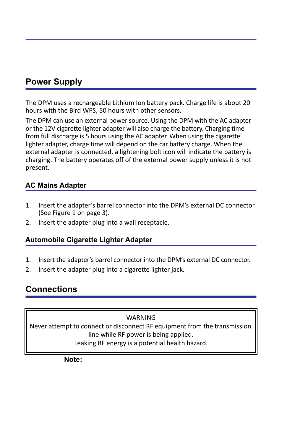 Chapter 2 installation, Power supply, Ac mains adapter | Automobile cigarette lighter adapter, Connections | Bird Technologies 5000-XT-Manual User Manual | Page 21 / 239
