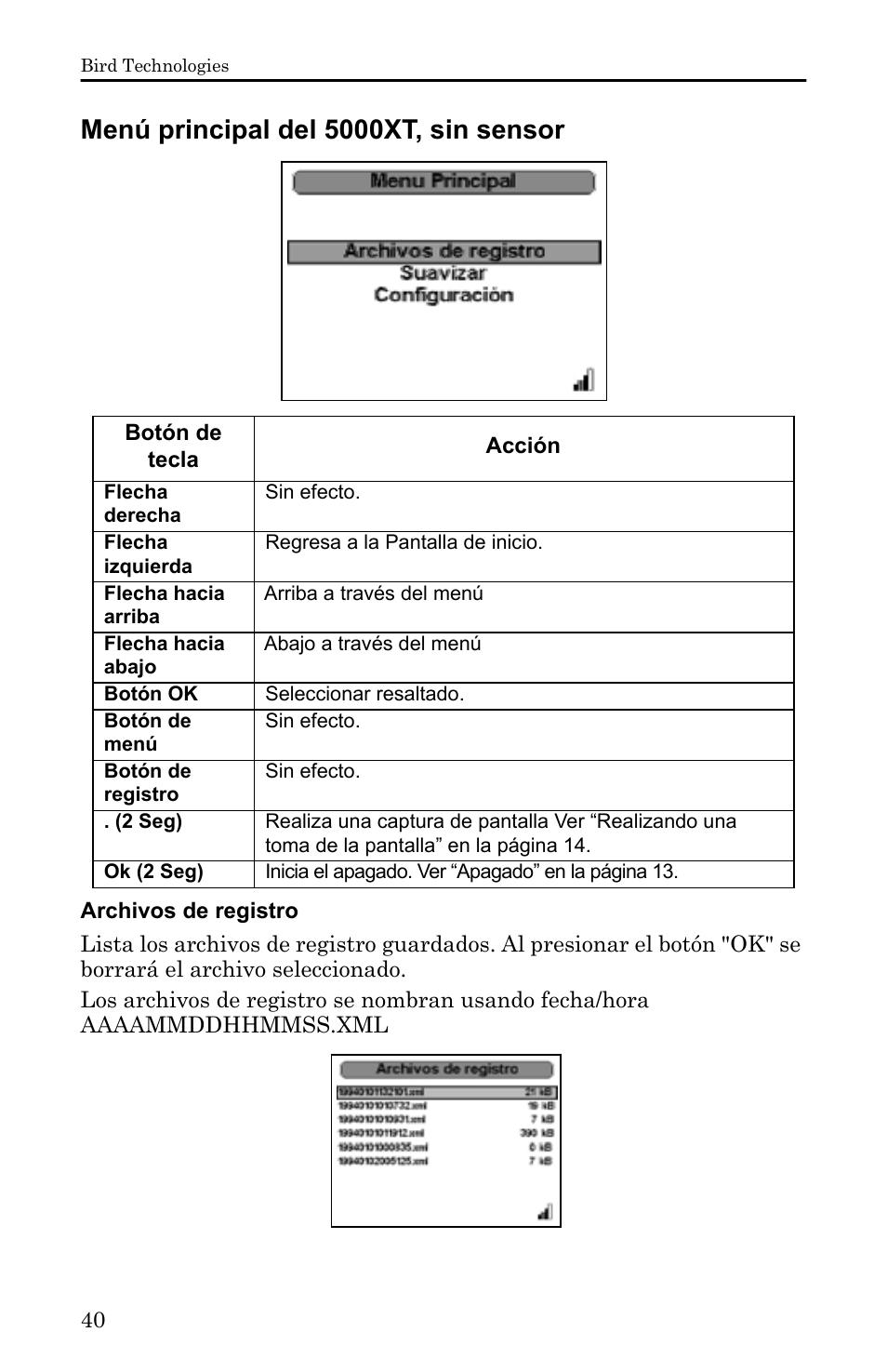 Menú principal del 5000xt, sin sensor, Archivos de registro | Bird Technologies 5000-XT-Manual User Manual | Page 210 / 239