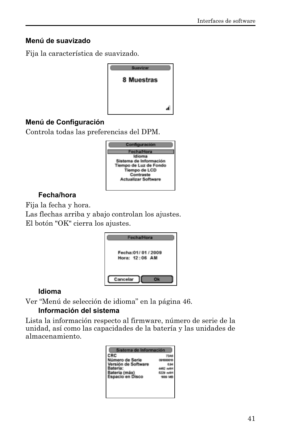 Menú de suavizado, Menú de configuración, Fecha/hora | Idioma, Información del sistema | Bird Technologies 5000-XT-Manual User Manual | Page 211 / 239