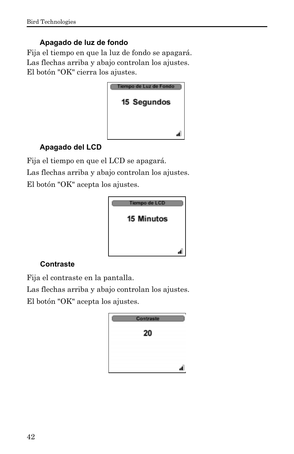 Apagado de luz de fondo, Apagado del lcd, Contraste | Bird Technologies 5000-XT-Manual User Manual | Page 212 / 239