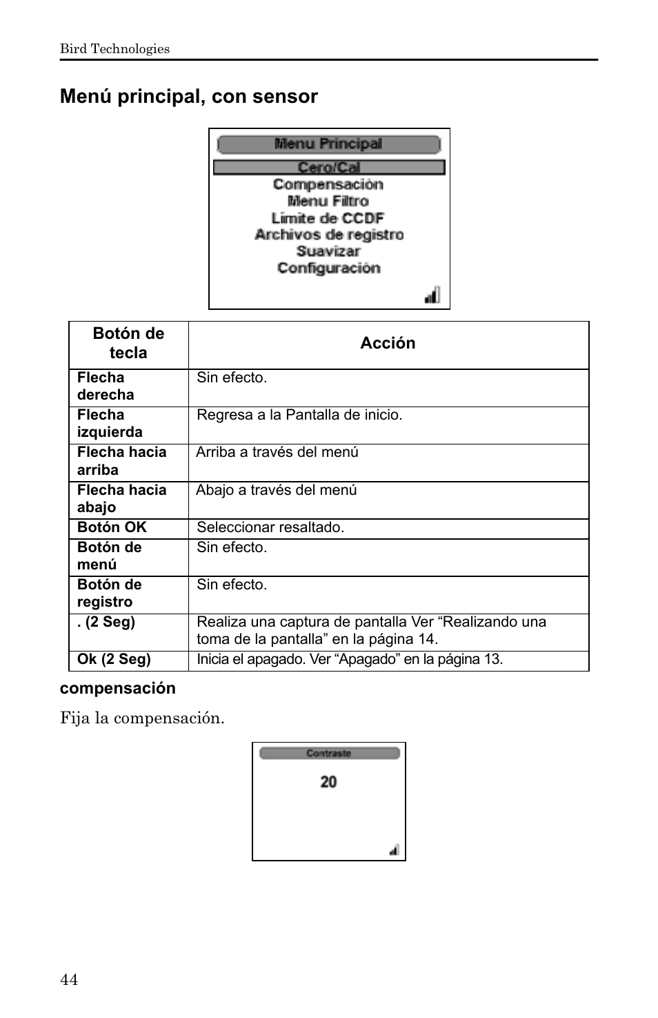 Menú principal, con sensor, Compensación | Bird Technologies 5000-XT-Manual User Manual | Page 214 / 239