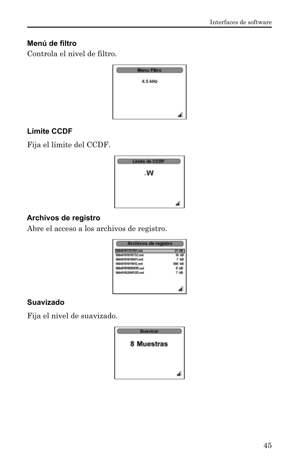 Menú de filtro, Límite ccdf, Archivos de registro | Suavizado | Bird Technologies 5000-XT-Manual User Manual | Page 215 / 239