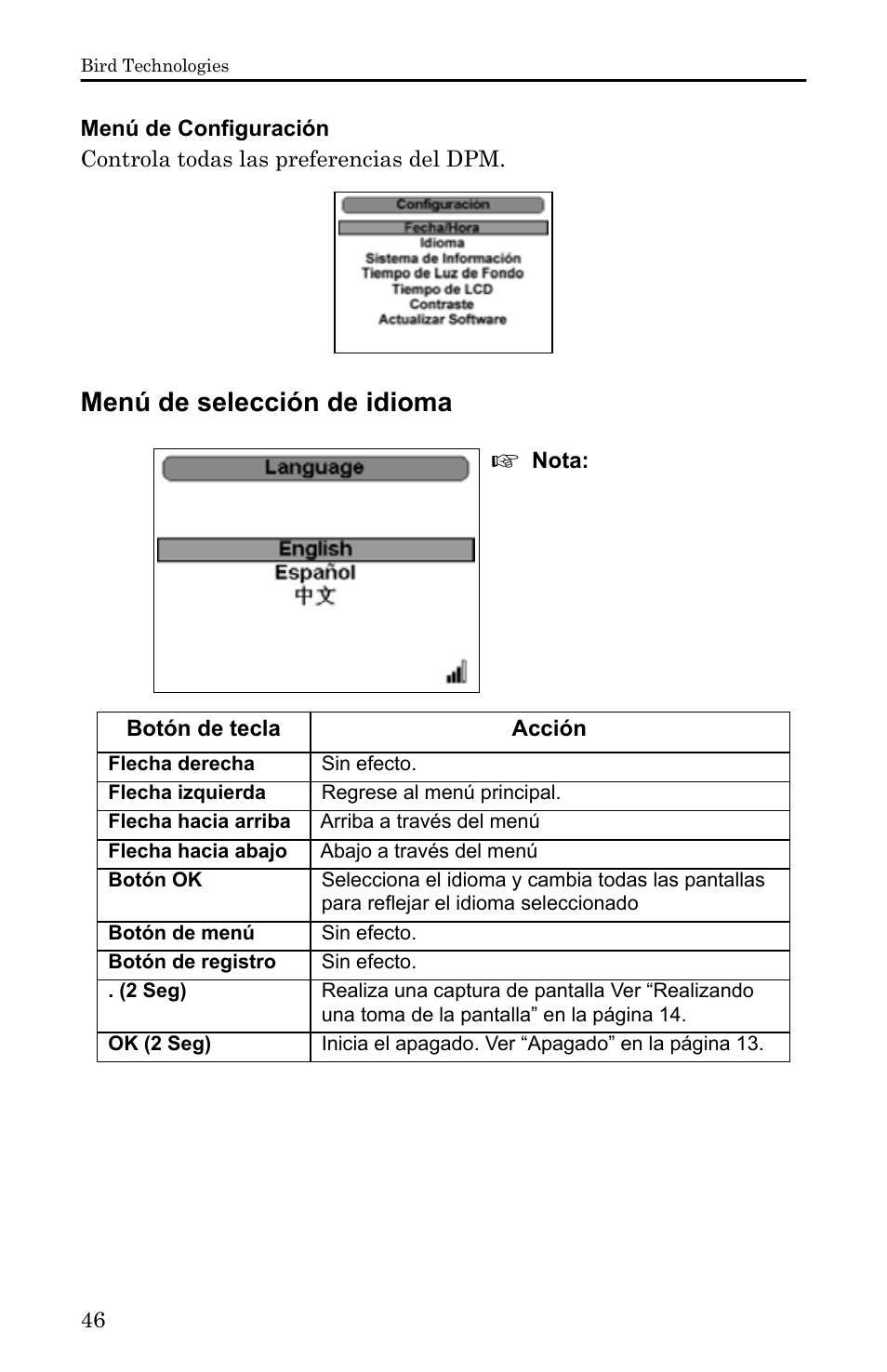 Menú de configuración, Menú de selección de idioma | Bird Technologies 5000-XT-Manual User Manual | Page 216 / 239