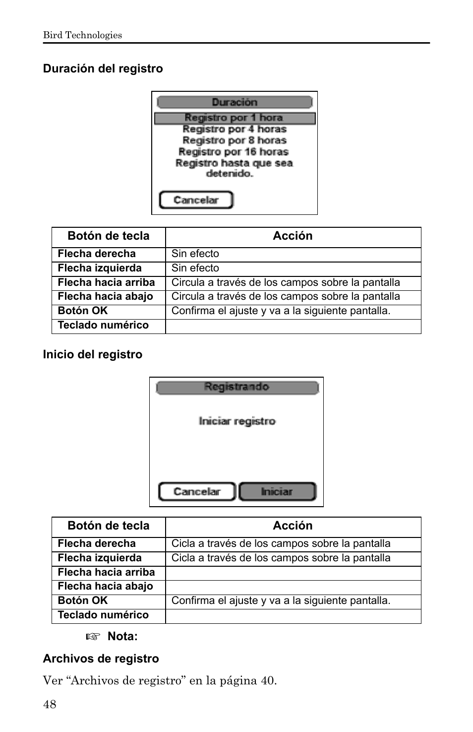 Duración del registro, Inicio del registro, Archivos de registro | Bird Technologies 5000-XT-Manual User Manual | Page 218 / 239