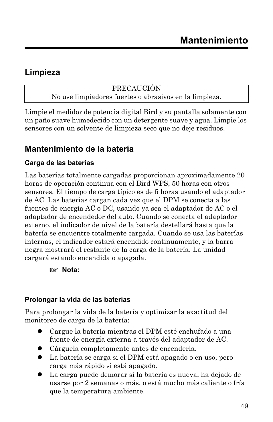 Capítulo 5 mantenimiento, Limpieza, Mantenimiento de la batería | Carga de las baterías, Prolongar la vida de las baterías, Chapter 5 mantenimiento | Bird Technologies 5000-XT-Manual User Manual | Page 219 / 239