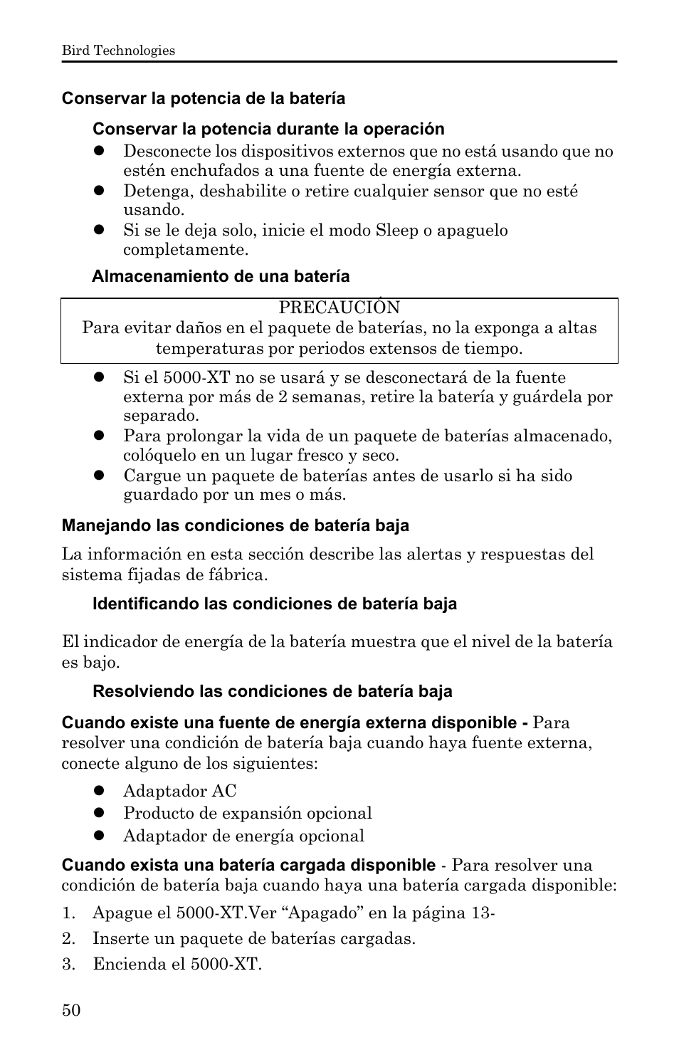 Conservar la potencia de la batería, Manejando las condiciones de batería baja, Conservar la potencia durante la operación | Almacenamiento de una batería, Identificando las condiciones de batería baja, Resolviendo las condiciones de batería baja | Bird Technologies 5000-XT-Manual User Manual | Page 220 / 239