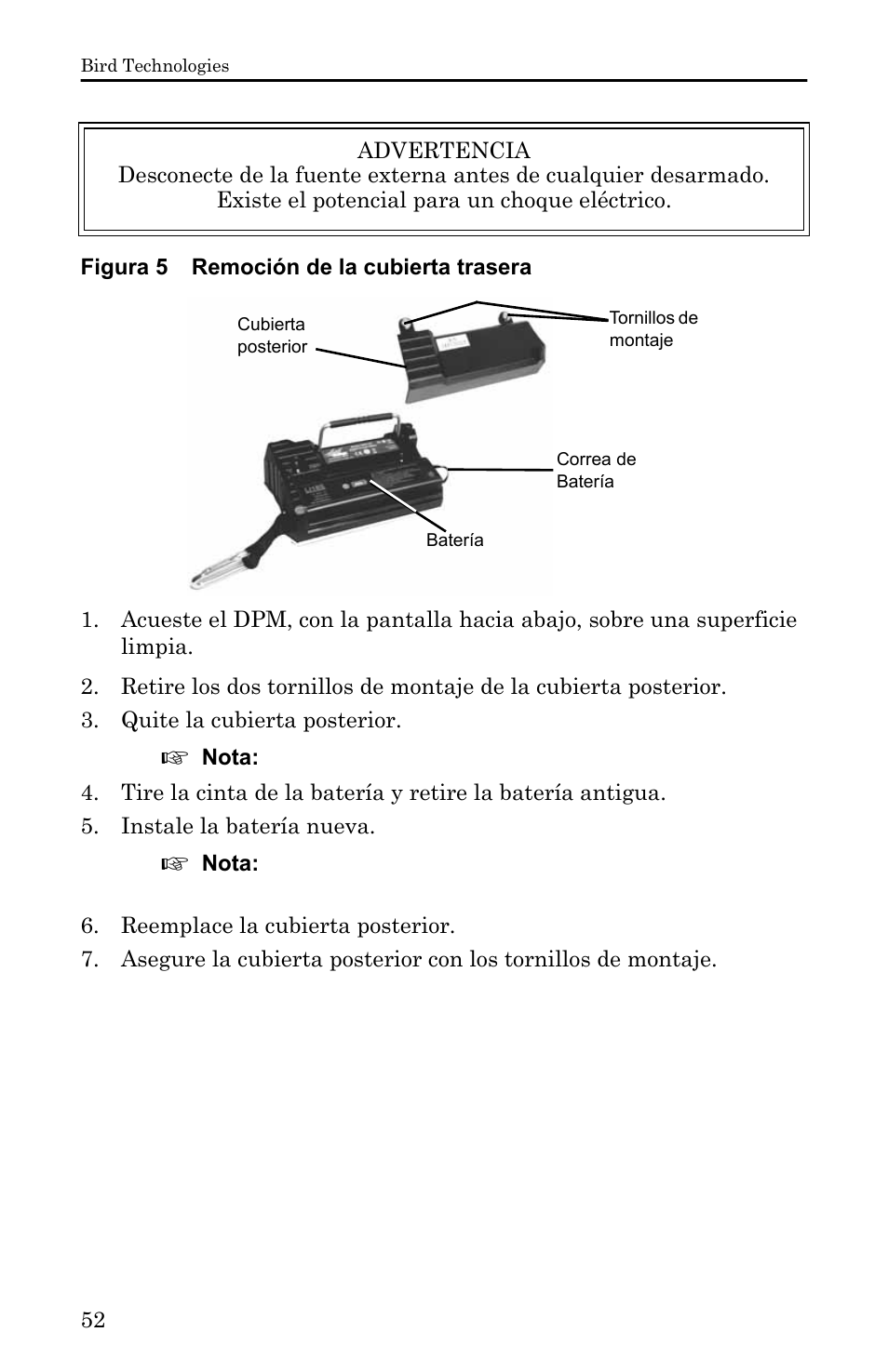 Figura 5 remoción de la cubierta trasera, Figura 5) | Bird Technologies 5000-XT-Manual User Manual | Page 222 / 239