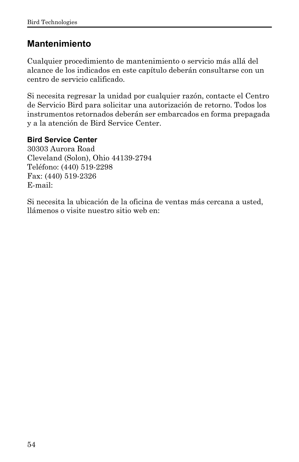 Mantenimiento | Bird Technologies 5000-XT-Manual User Manual | Page 224 / 239