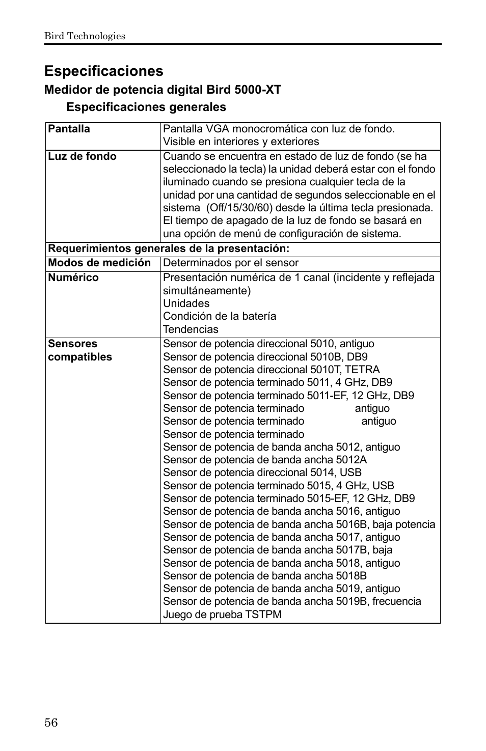 Especificaciones, Medidor de potencia digital bird 5000-xt, Especificaciones generales | Bird Technologies 5000-XT-Manual User Manual | Page 226 / 239