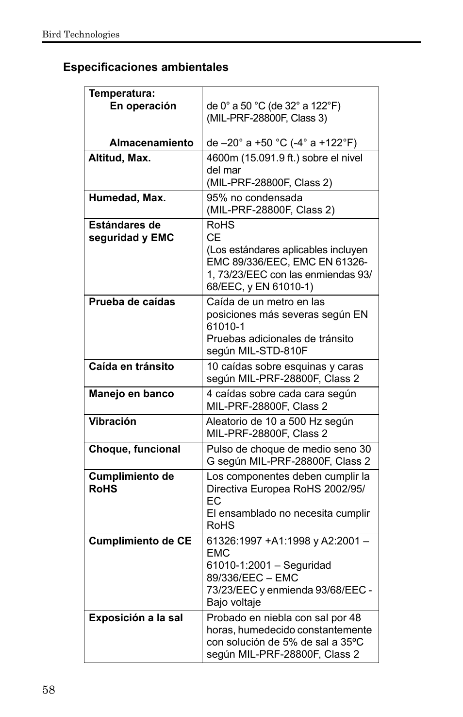 Especificaciones ambientales | Bird Technologies 5000-XT-Manual User Manual | Page 228 / 239