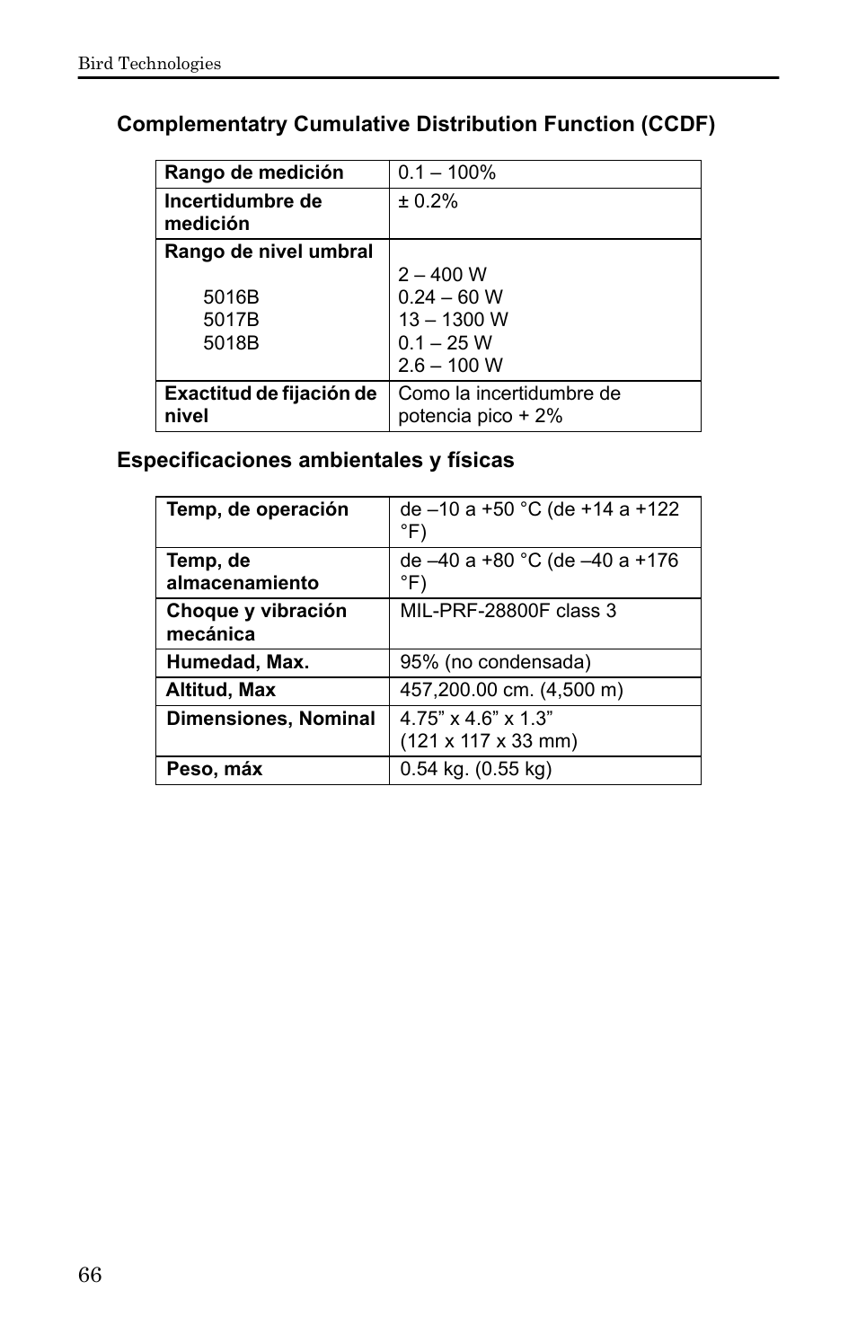 Complementatry cumulative, Especificaciones ambientales y físicas | Bird Technologies 5000-XT-Manual User Manual | Page 236 / 239