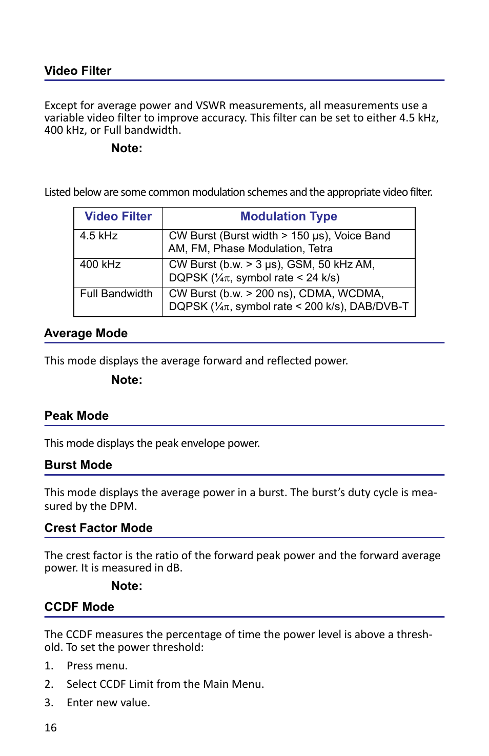 Video filter, Average mode, Peak mode | Burst mode, Crest factor mode, Ccdf mode | Bird Technologies 5000-XT-Manual User Manual | Page 30 / 239