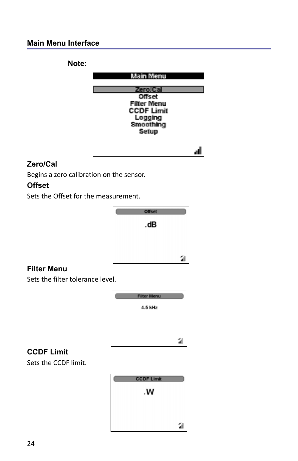 Main menu interface, Zero/cal, Offset | Filter menu, Ccdf limit, Zero/cal offset filter menu ccdf limit | Bird Technologies 5000-XT-Manual User Manual | Page 38 / 239