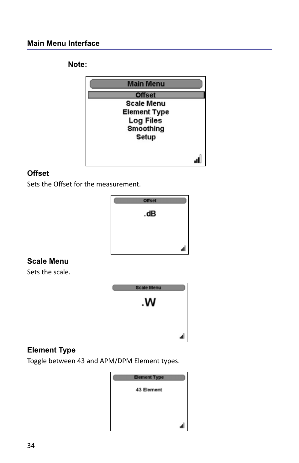 Main menu interface, Offset, Scale menu | Element type, Offset scale menu element type | Bird Technologies 5000-XT-Manual User Manual | Page 48 / 239