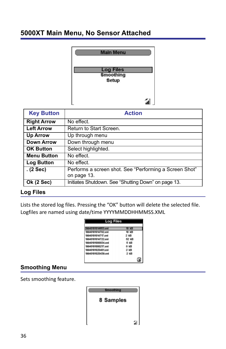 5000xt main menu, no sensor attached, Log files, Smoothing menu | Log files smoothing menu | Bird Technologies 5000-XT-Manual User Manual | Page 50 / 239