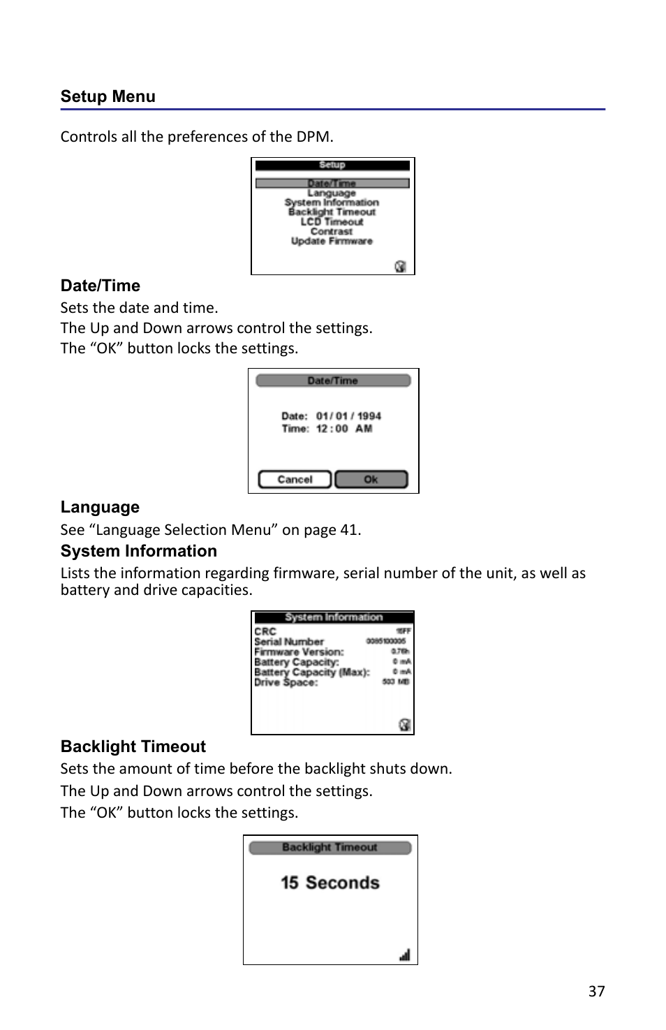 Setup menu, Date/time, Language | System information, Backlight timeout | Bird Technologies 5000-XT-Manual User Manual | Page 51 / 239