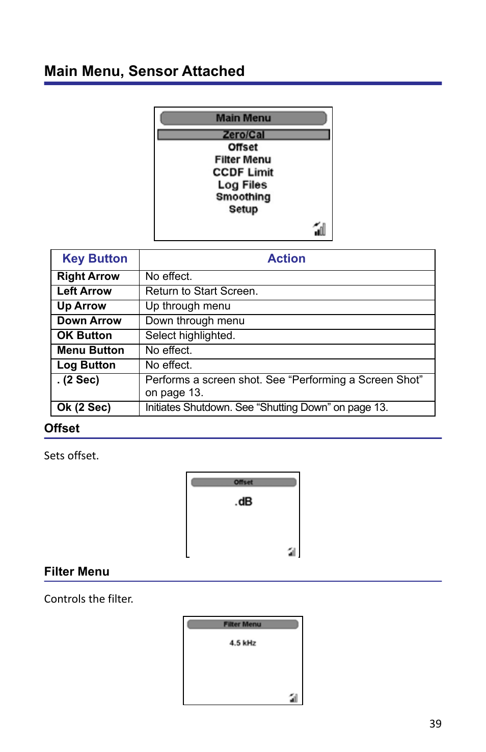 Main menu, sensor attached, Offset, Filter menu | Offset filter menu | Bird Technologies 5000-XT-Manual User Manual | Page 53 / 239