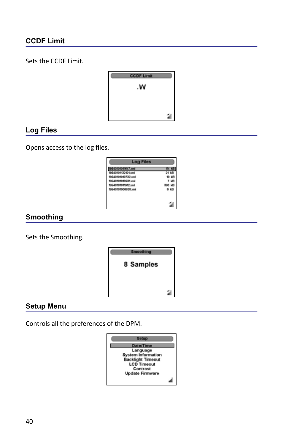 Ccdf limit, Log files, Smoothing | Setup menu, Ccdf limit log files smoothing setup menu | Bird Technologies 5000-XT-Manual User Manual | Page 54 / 239