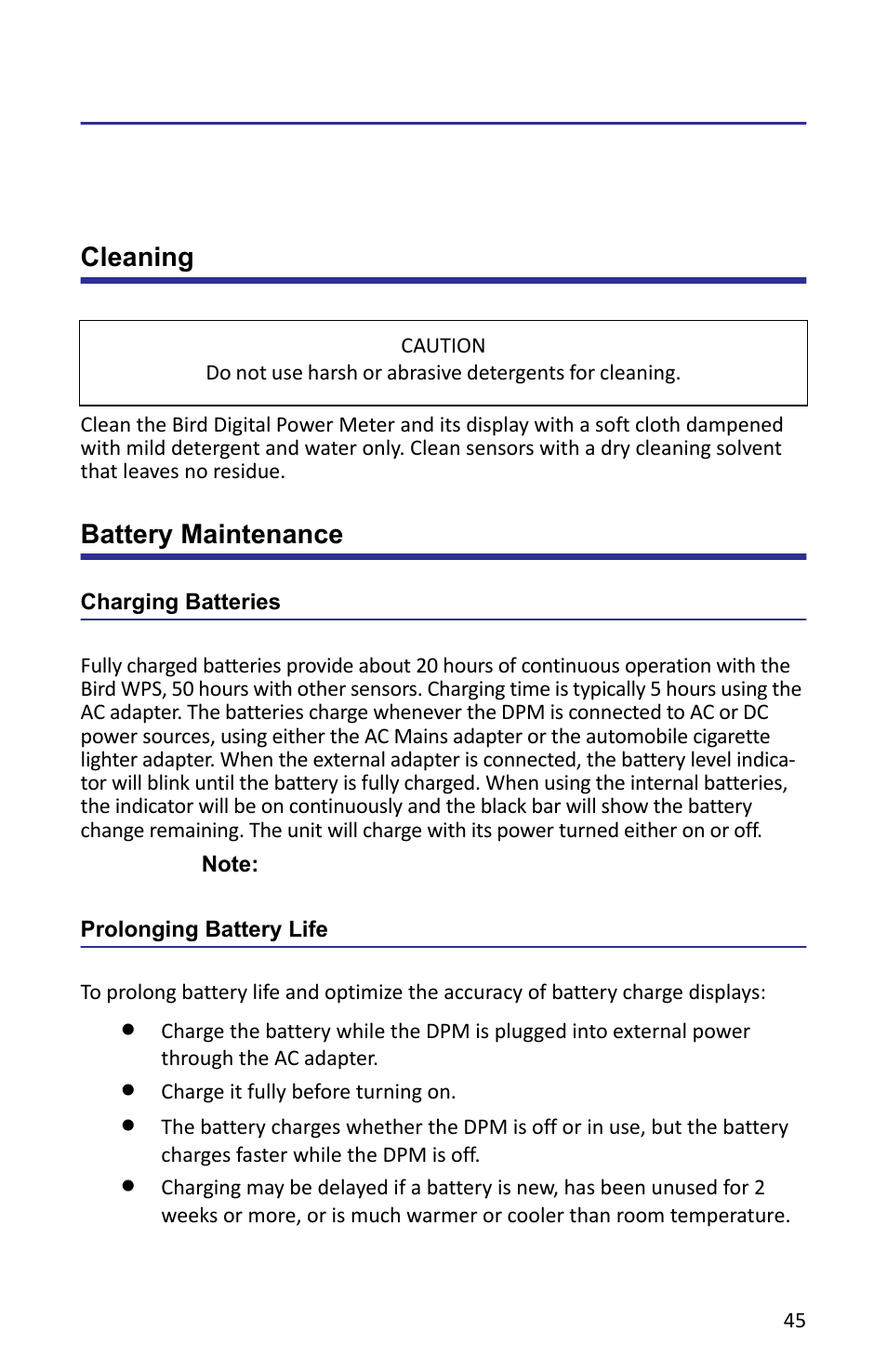 Chapter 5 maintenance, Cleaning, Battery maintenance | Charging batteries, Prolonging battery life, Cleaning battery maintenance, Charging batteries prolonging battery life | Bird Technologies 5000-XT-Manual User Manual | Page 59 / 239