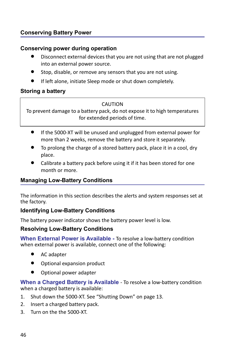 Conserving battery power, Conserving power during operation, Storing a battery | Managing low-battery conditions, Identifying low-battery conditions, Resolving low-battery conditions | Bird Technologies 5000-XT-Manual User Manual | Page 60 / 239