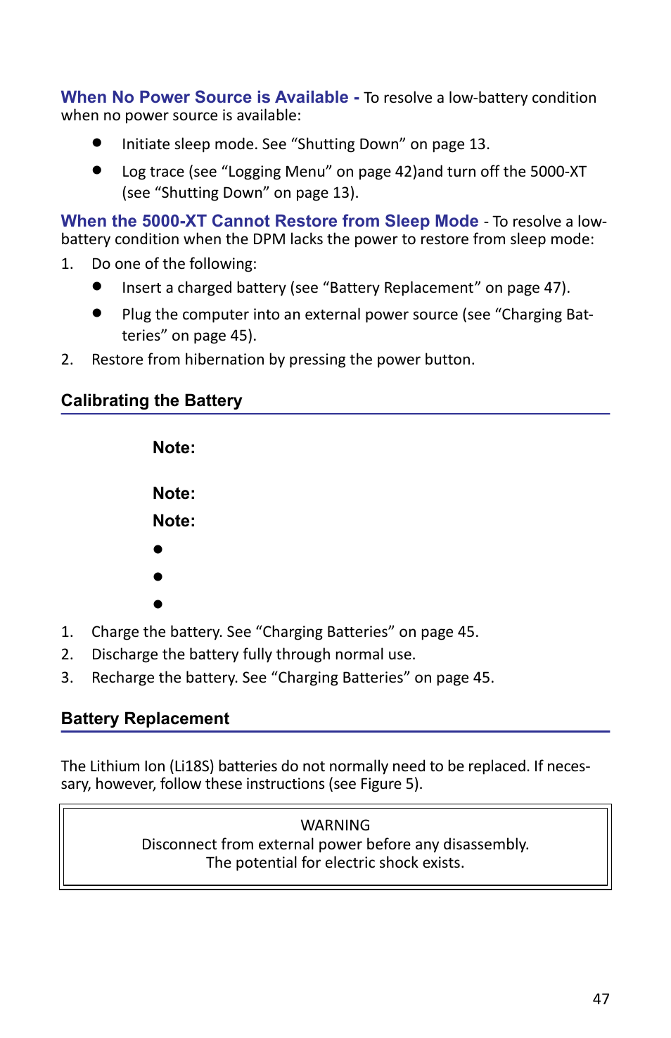 Calibrating the battery, Battery replacement, Calibrating the battery battery replacement | Bird Technologies 5000-XT-Manual User Manual | Page 61 / 239