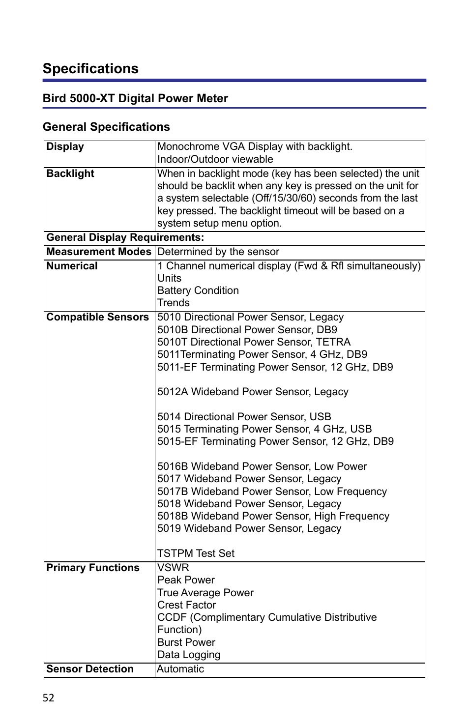 Specifications, Bird 5000-xt digital power meter, General specifications | Bird Technologies 5000-XT-Manual User Manual | Page 66 / 239