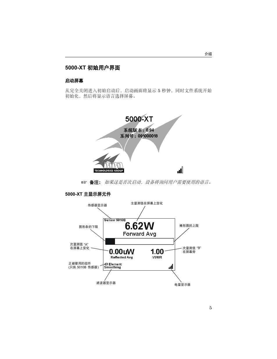 5000-xt 初始用户界面, 启动屏幕, 5000-xt 主显示屏元件 | Bird Technologies 5000-XT-Manual User Manual | Page 96 / 239