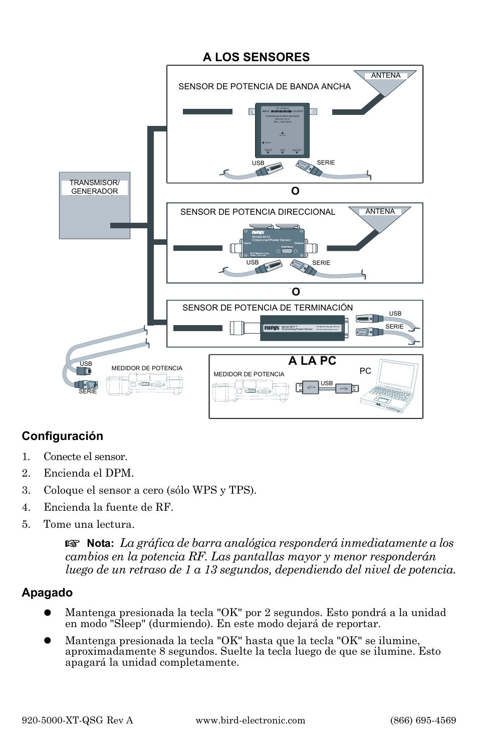 Configuración, A los sensores, A la pc | Bird Technologies 5000-XT-Quick Start User Manual | Page 5 / 9