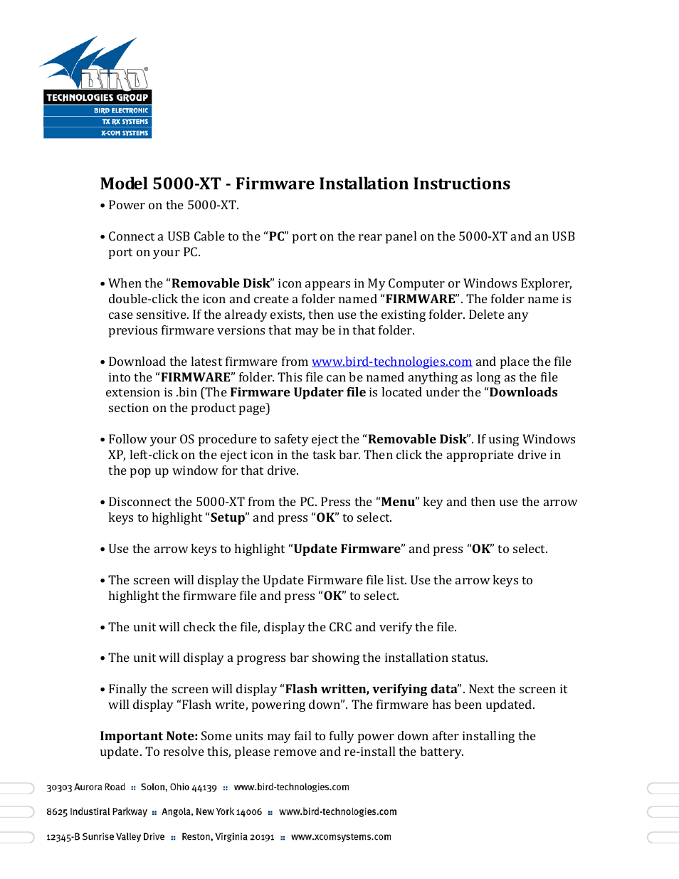 Bird Technologies 5000-XT-Installation Instructions User Manual | 1 page