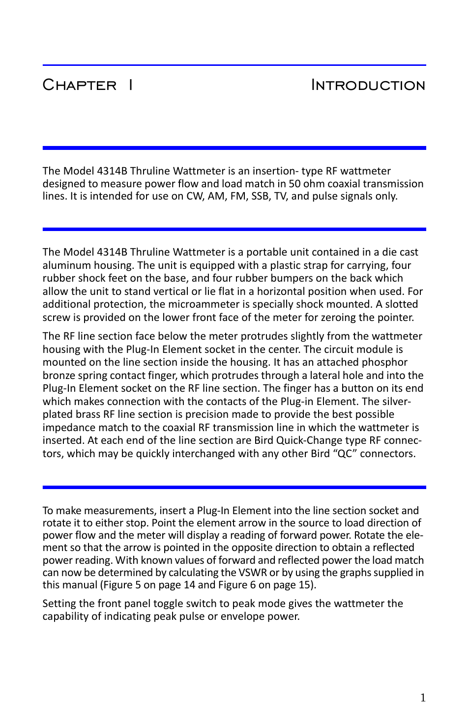 Chapter 1 introduction, Purpose and function, Description | Performance characteristics and capabilities | Bird Technologies 4314B User Manual | Page 13 / 46