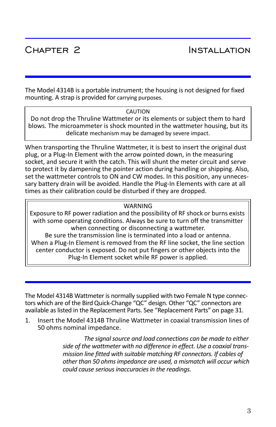 Chapter 2 installation, Portability, Connections | Portability connections | Bird Technologies 4314B User Manual | Page 15 / 46