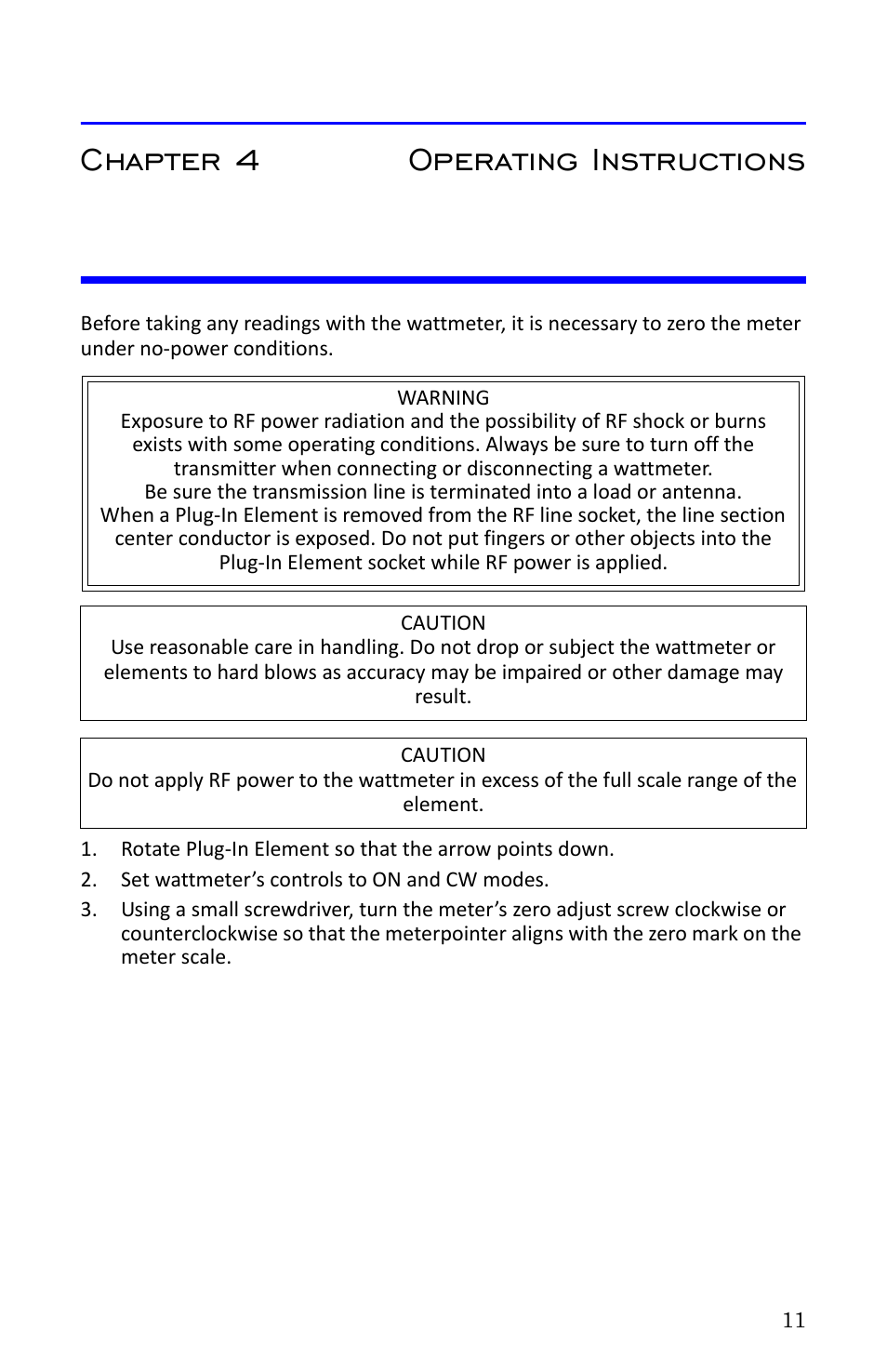 Chapter 4 operating instructions, Zero adjust meter | Bird Technologies 4314B User Manual | Page 23 / 46