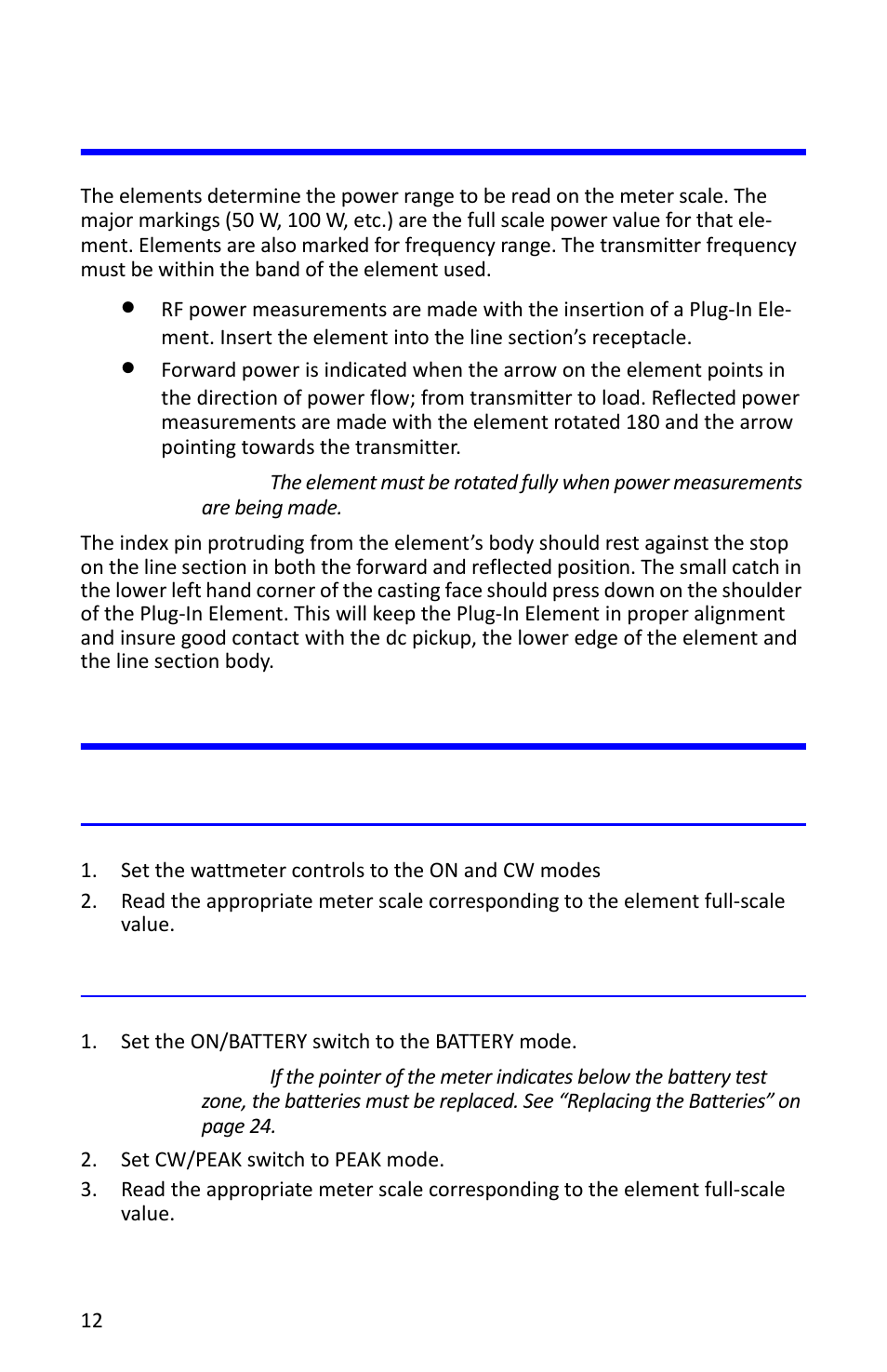 Plug-in element selection and insertion, Measurements, Cw power measurements | Peak power measurements, Cw power measurements peak power measurements | Bird Technologies 4314B User Manual | Page 24 / 46