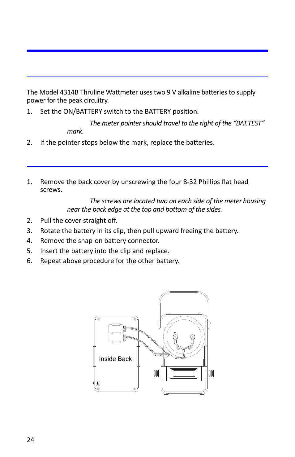Battery procedures, Testing the batteries, Replacing the batteries | Figure 9 replacing the batteries, Testing the batteries replacing the batteries | Bird Technologies 4314B User Manual | Page 36 / 46
