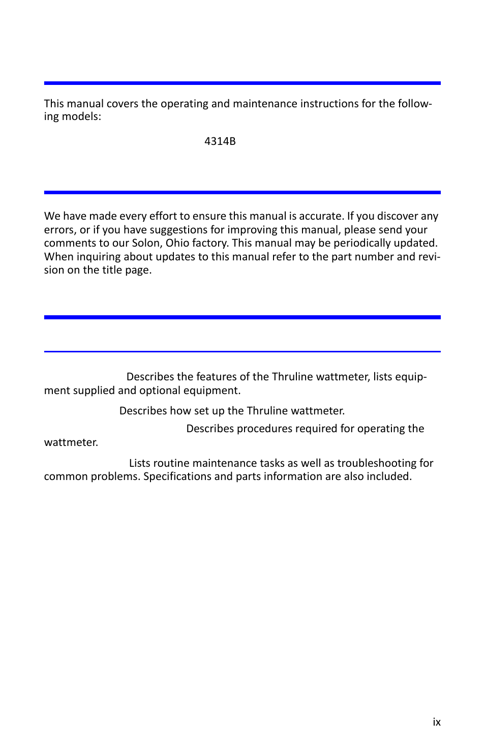 About this manual, Changes to this manual, Literature contents | Chapter layout | Bird Technologies 4314B User Manual | Page 9 / 46