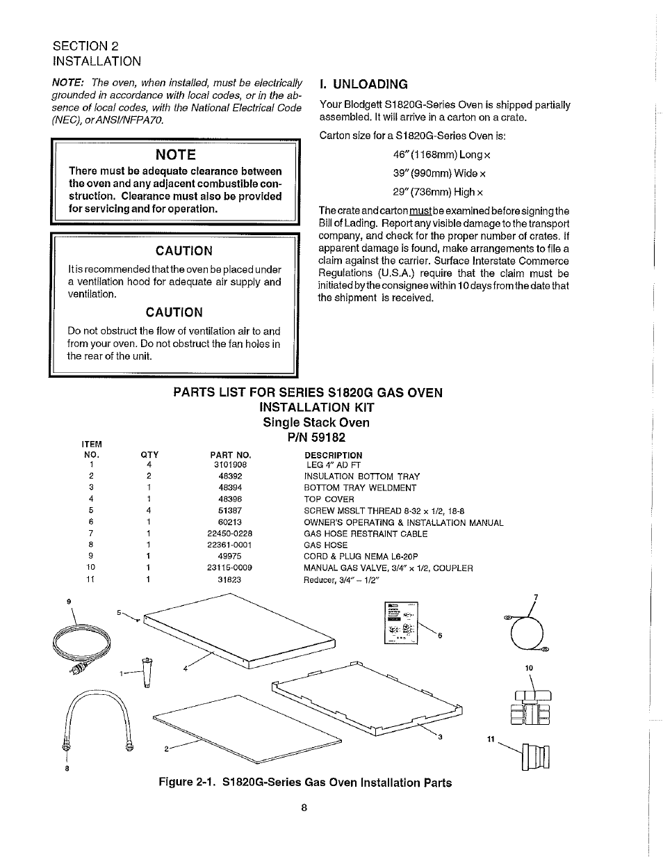 Caution, I. unloading | Blodgett S1820G User Manual | Page 14 / 50