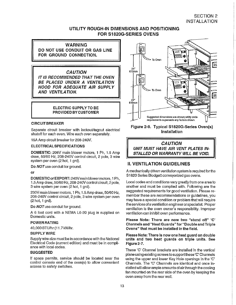 Warning, Electric supply to be provided by customer, Circuitbreaker | Electricalspecifications, Power rating, Supply wire, Suggested, Ii. ventilation guidelines, Circuit breaker electrical specifications, Supply wire suggested | Blodgett S1820G User Manual | Page 19 / 50