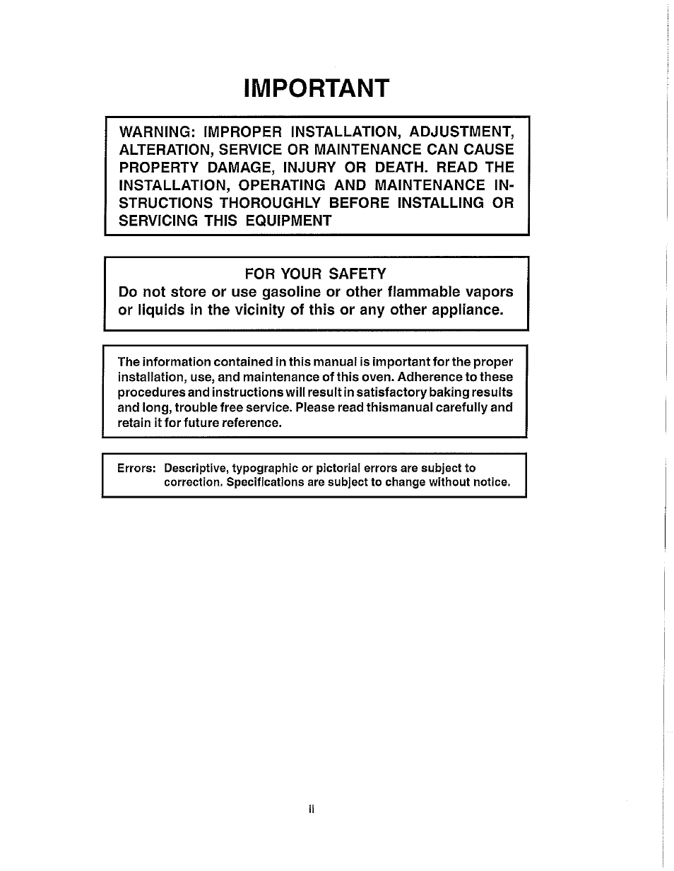 Important | Blodgett S1820G User Manual | Page 2 / 50