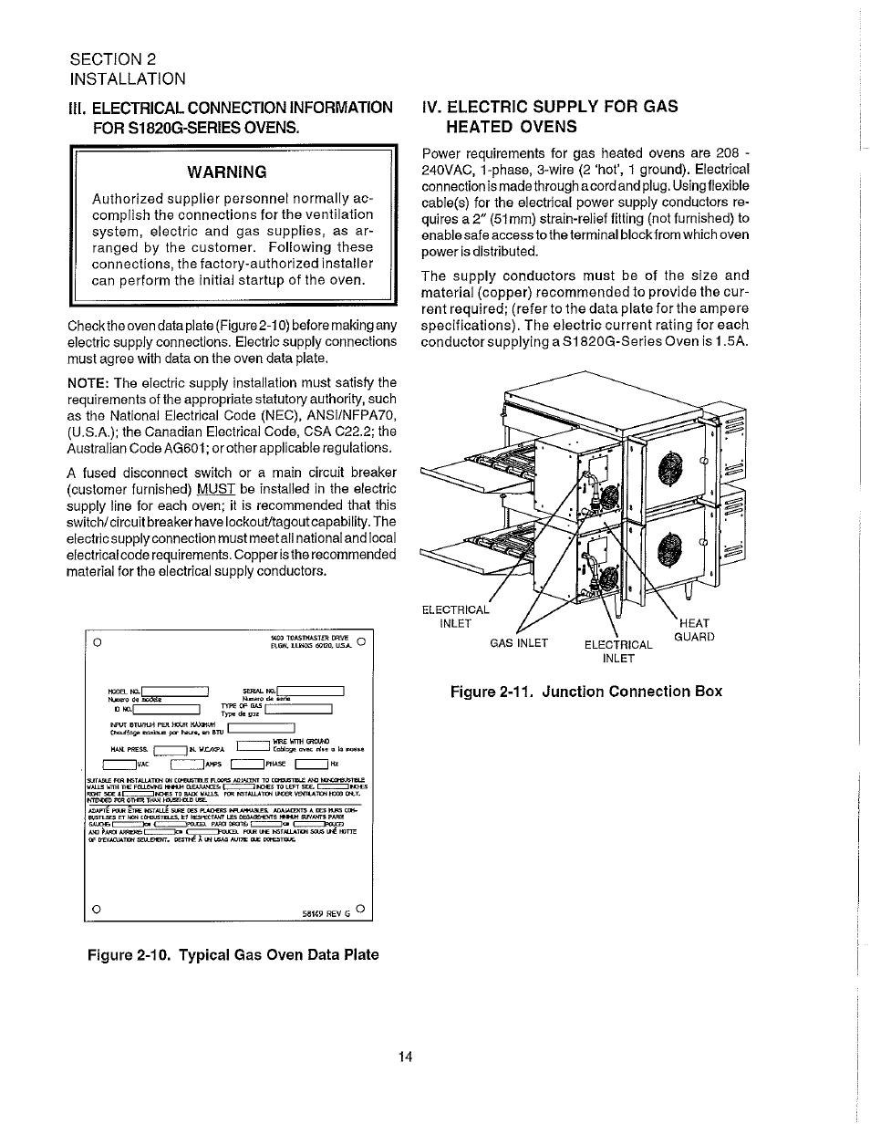 Iv. electric supply for gas heated ovens, Figure 2-10. typical gas oven data plate, J k wüftpa | Phase | Blodgett S1820G User Manual | Page 20 / 50