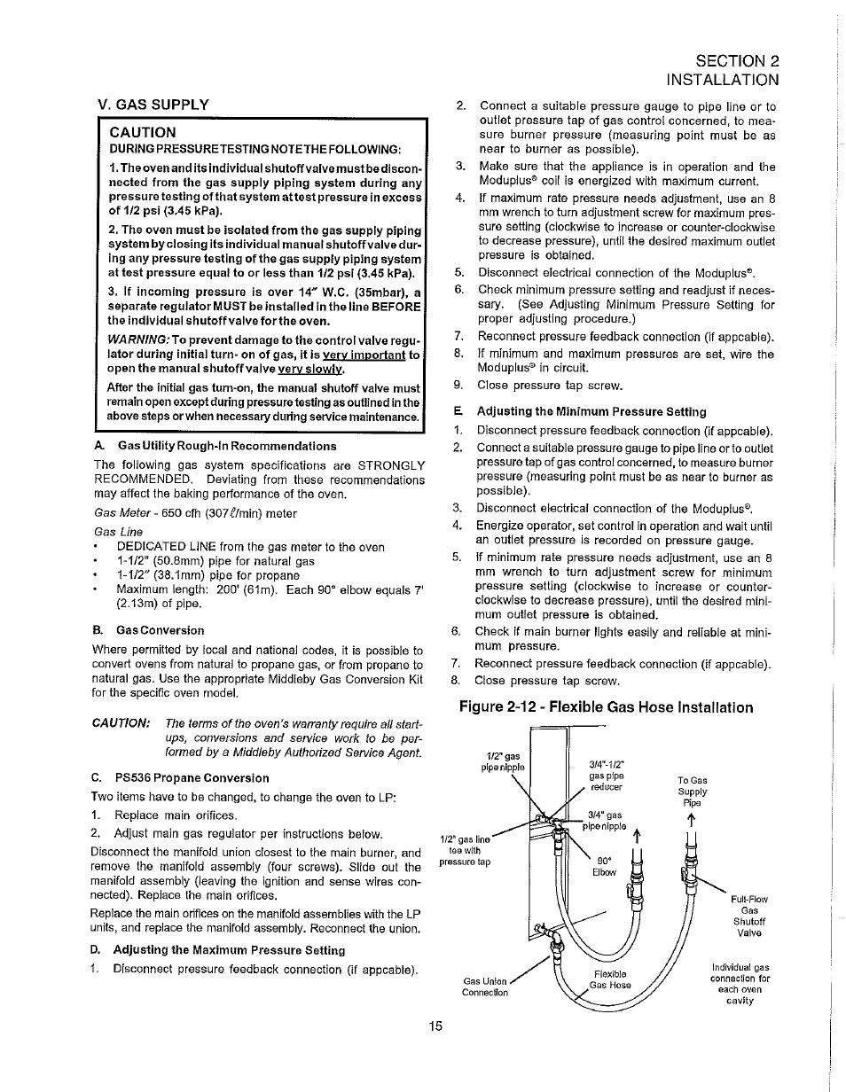 V. gas supply, V. gas supply caution, Figure 2-12 - flexible gas hose installation | Blodgett S1820G User Manual | Page 21 / 50