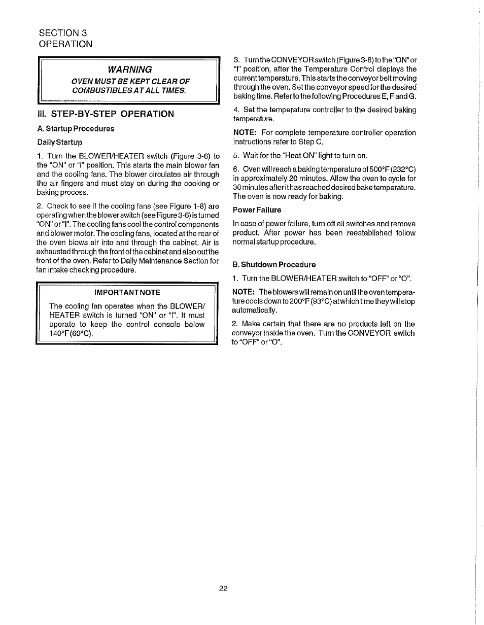 In. step-by-step operation, Power failure, B. shutdown procedure | Step-by-step operation, B, shutdown procedure | Blodgett S1820G User Manual | Page 28 / 50
