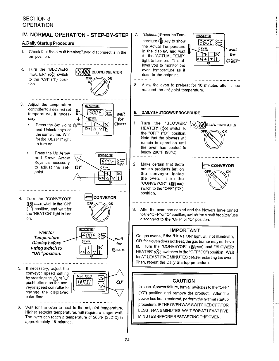 Iv. normal operation - step-by-step, Important, Caution | Normal operation - step-by-step, Conveyor, 5< fiti a | Blodgett S1820G User Manual | Page 30 / 50