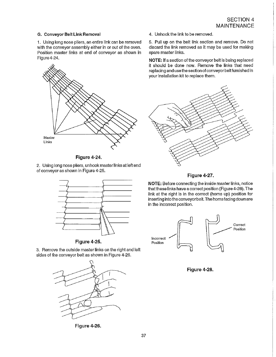 G. conveyor belt link removal, Figure 4-28 | Blodgett S1820G User Manual | Page 43 / 50