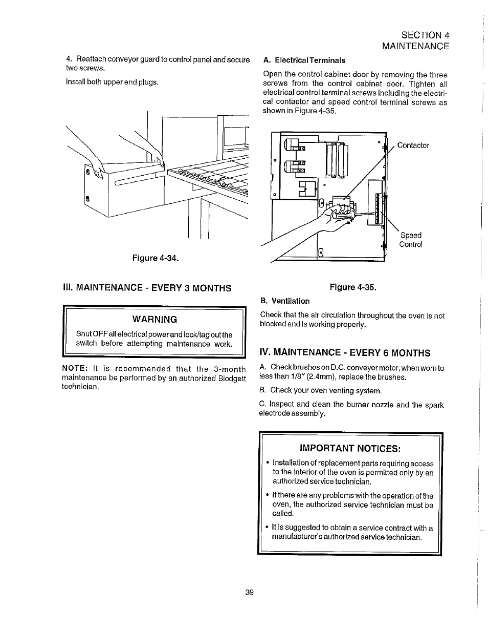 Iv. maintenance - every 6 months, Important notices, Iii. maintenance - every 3 months | Blodgett S1820G User Manual | Page 45 / 50