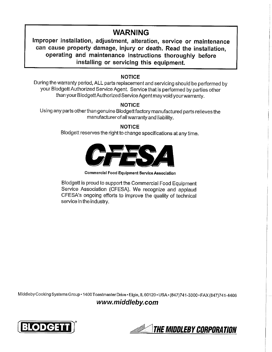 Notice, Bnebl, Warning | The middleby corporation | Blodgett S1820G User Manual | Page 50 / 50